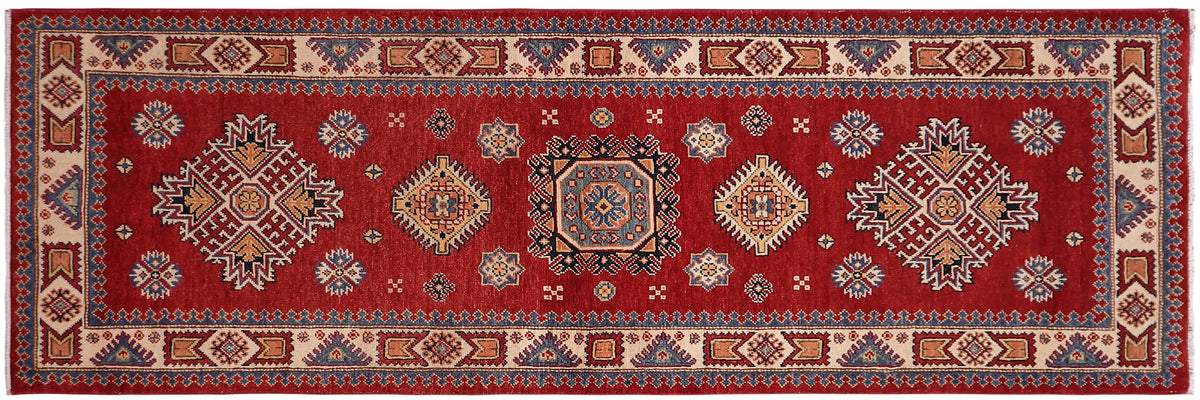 handmade Geometric Super Kazak Red Beige Hand Knotted RUNNER 100% WOOL area rug 3' x 8'