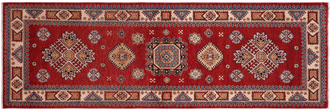 handmade Geometric Super Kazak Red Beige Hand Knotted RUNNER 100% WOOL area rug 3' x 8'