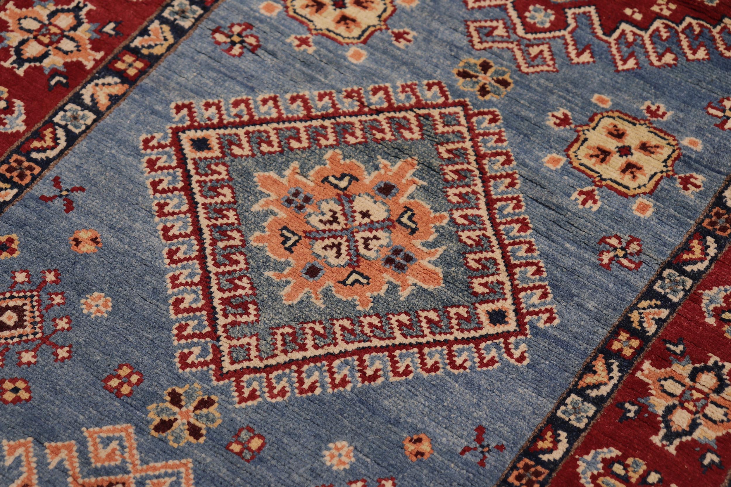 handmade Geometric Super Kazak Lt. Blue Red Hand Knotted RUNNER 100% WOOL area rug 3' x 10'