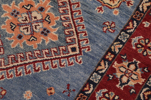 handmade Geometric Super Kazak Lt. Blue Red Hand Knotted RUNNER 100% WOOL area rug 3' x 10'