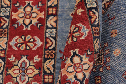 handmade Geometric Super Kazak Lt. Blue Red Hand Knotted RUNNER 100% WOOL area rug 3' x 10'