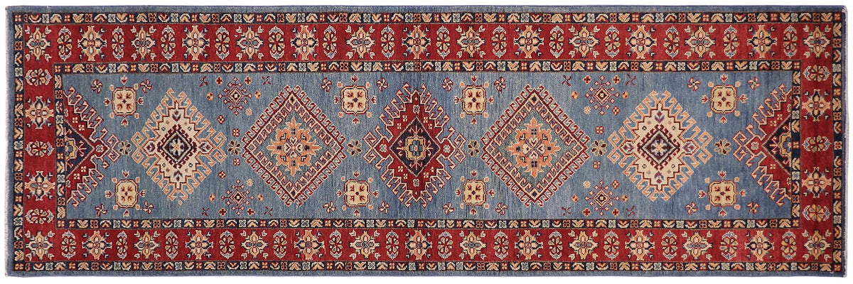 handmade Geometric Super Kazak Lt. Blue Red Hand Knotted RUNNER 100% WOOL area rug 3' x 10'