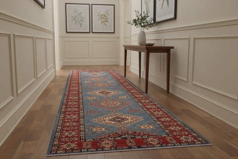 handmade Geometric Super Kazak Lt. Blue Red Hand Knotted RUNNER 100% WOOL area rug 3' x 10'