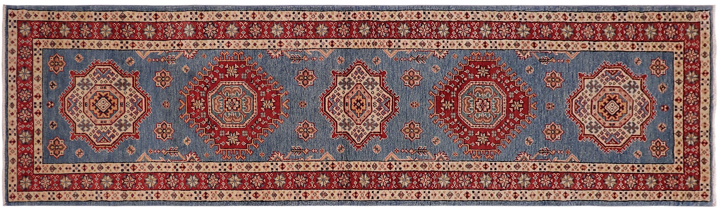 handmade Geometric Super Kazak Lt. Blue Red Hand Knotted RUNNER 100% WOOL area rug 3' x 10'