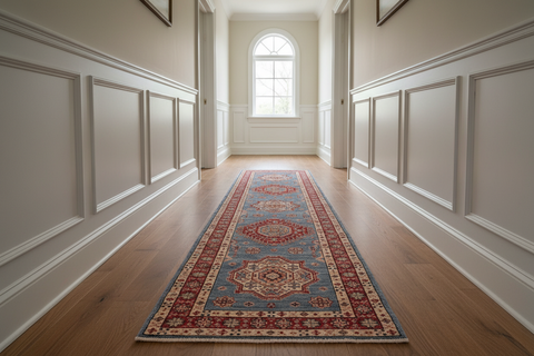 handmade Geometric Super Kazak Lt. Blue Red Hand Knotted RUNNER 100% WOOL area rug 3' x 10'