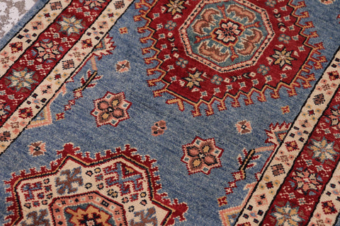 handmade Geometric Super Kazak Lt. Blue Red Hand Knotted RUNNER 100% WOOL area rug 3' x 10'