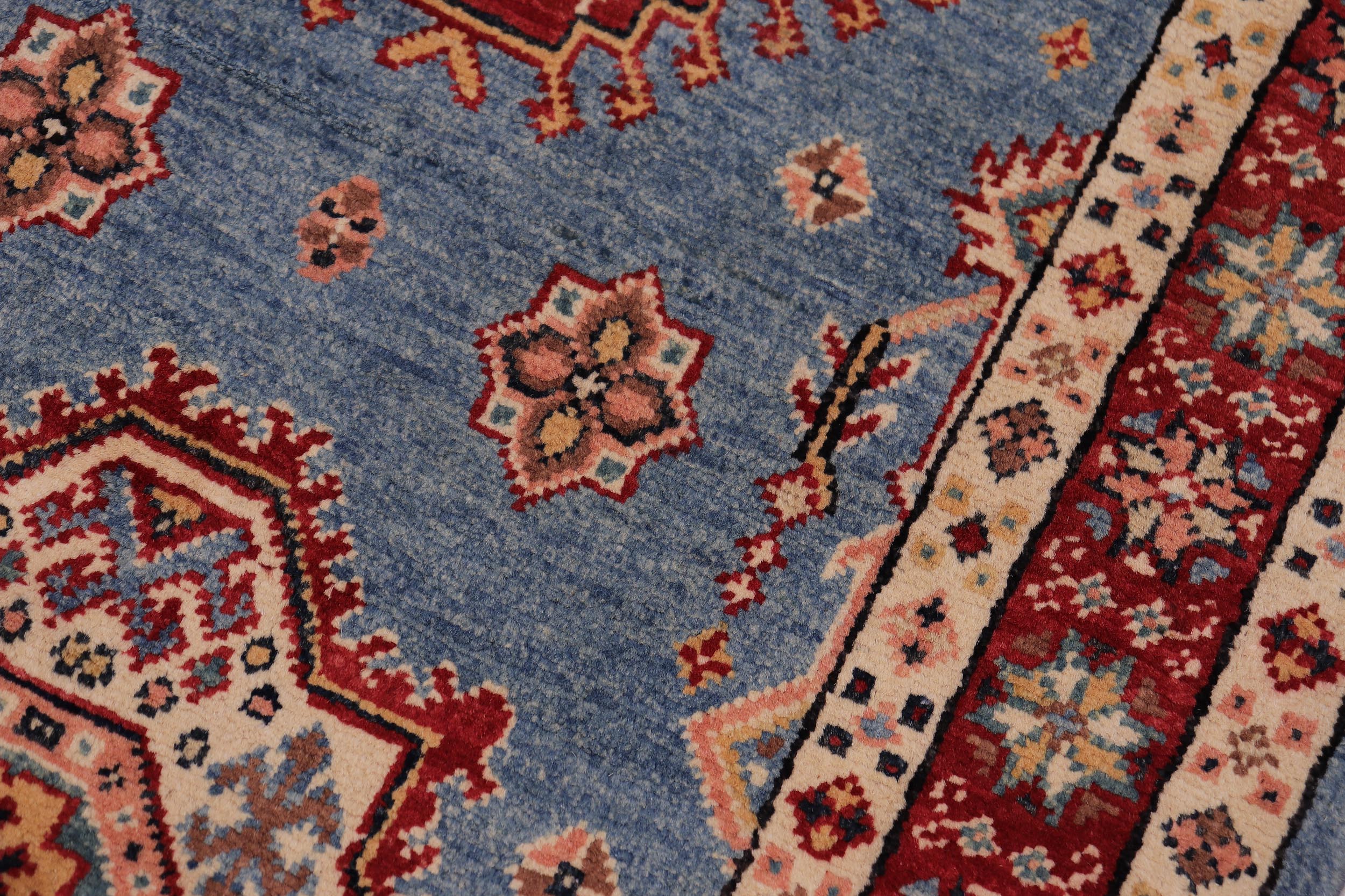 handmade Geometric Super Kazak Lt. Blue Red Hand Knotted RUNNER 100% WOOL area rug 3' x 10'