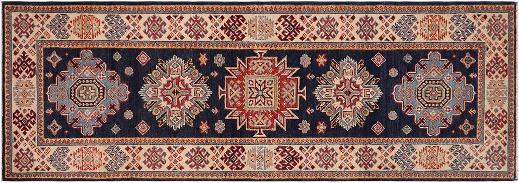 handmade Geometric kazak Blue Beige Hand-made RUNNER 100% WOOL area rug 3x8