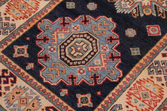 handmade Geometric kazak Blue Beige Hand-made RUNNER 100% WOOL area rug 3x8