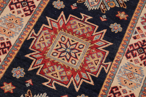 handmade Geometric kazak Blue Beige Hand-made RUNNER 100% WOOL area rug 3x8
