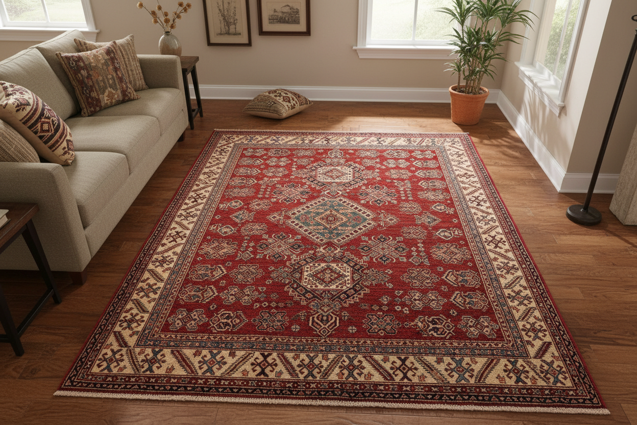 handmade Geometric Super Kazak Red Beige Hand Knotted RECTANGLE 100% WOOL area rug 6' x 9'