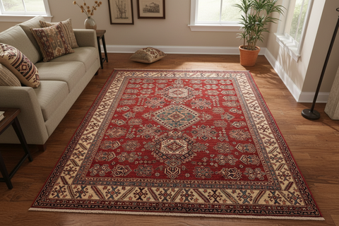 handmade Geometric Super Kazak Red Beige Hand Knotted RECTANGLE 100% WOOL area rug 6' x 9'