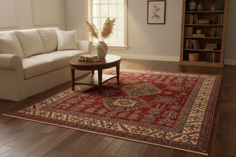 handmade Geometric Super Kazak Red Beige Hand Knotted RECTANGLE 100% WOOL area rug 6' x 9'