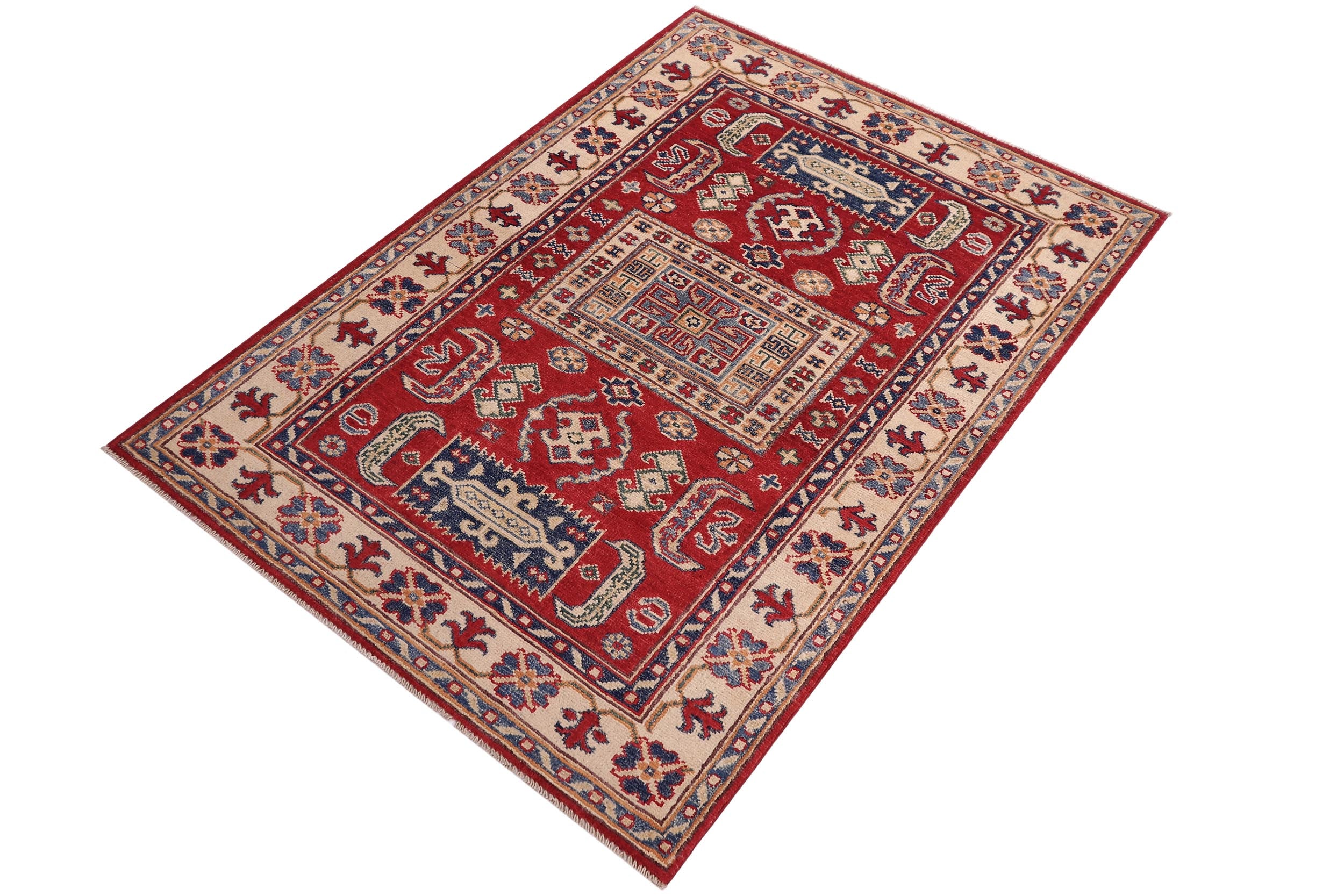 handmade Geometric Kazak Red Beige Hand-made RECTANGLE 100% WOOL area rug 3'X5'