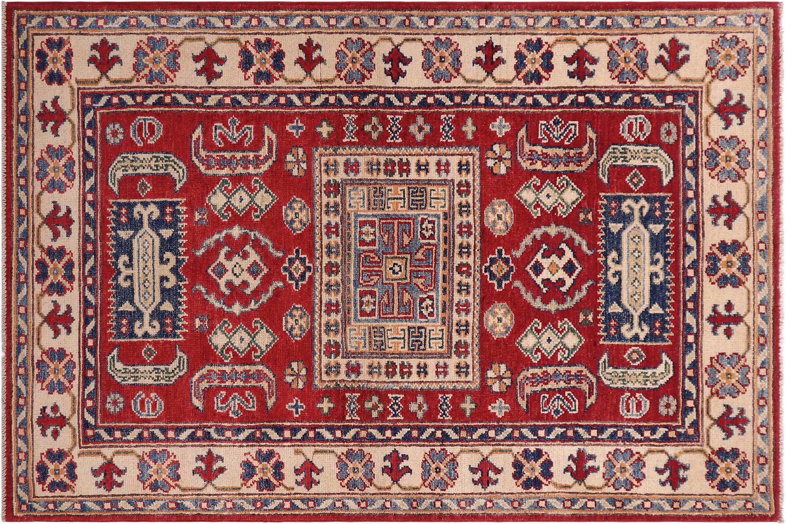 handmade Geometric Kazak Red Beige Hand-made RECTANGLE 100% WOOL area rug 3'X5'