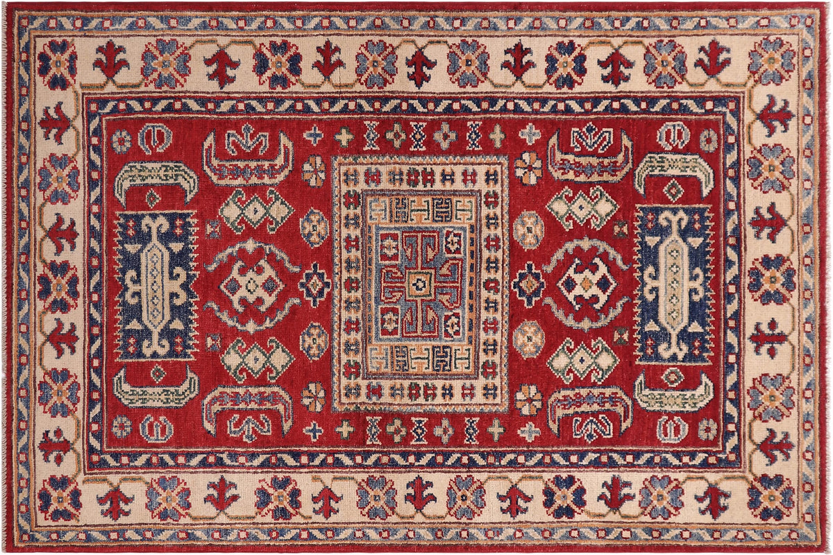 handmade Geometric Kazak Red Beige Hand-made RECTANGLE 100% WOOL area rug 3'X5'