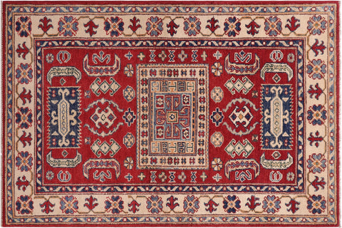 handmade Geometric Kazak Red Beige Hand-made RECTANGLE 100% WOOL area rug 3'X5'