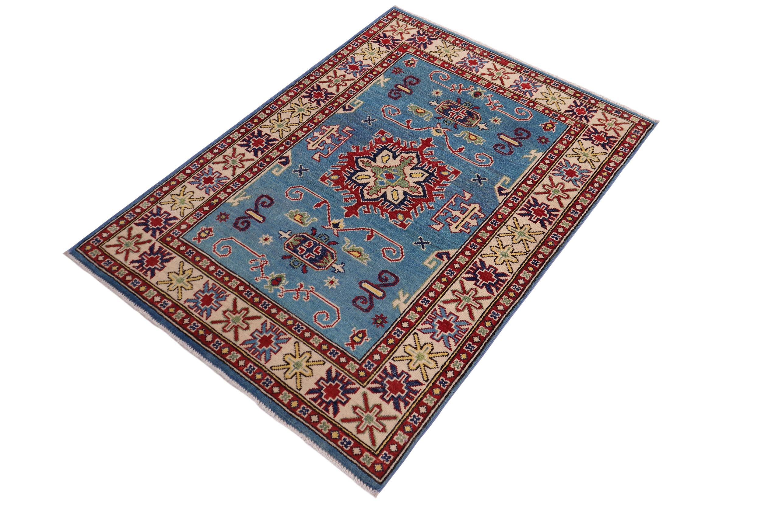 handmade Geometric Kazak Lt. Blue Beige Hand-made RECTANGLE 100% WOOL area rug 3'X5'