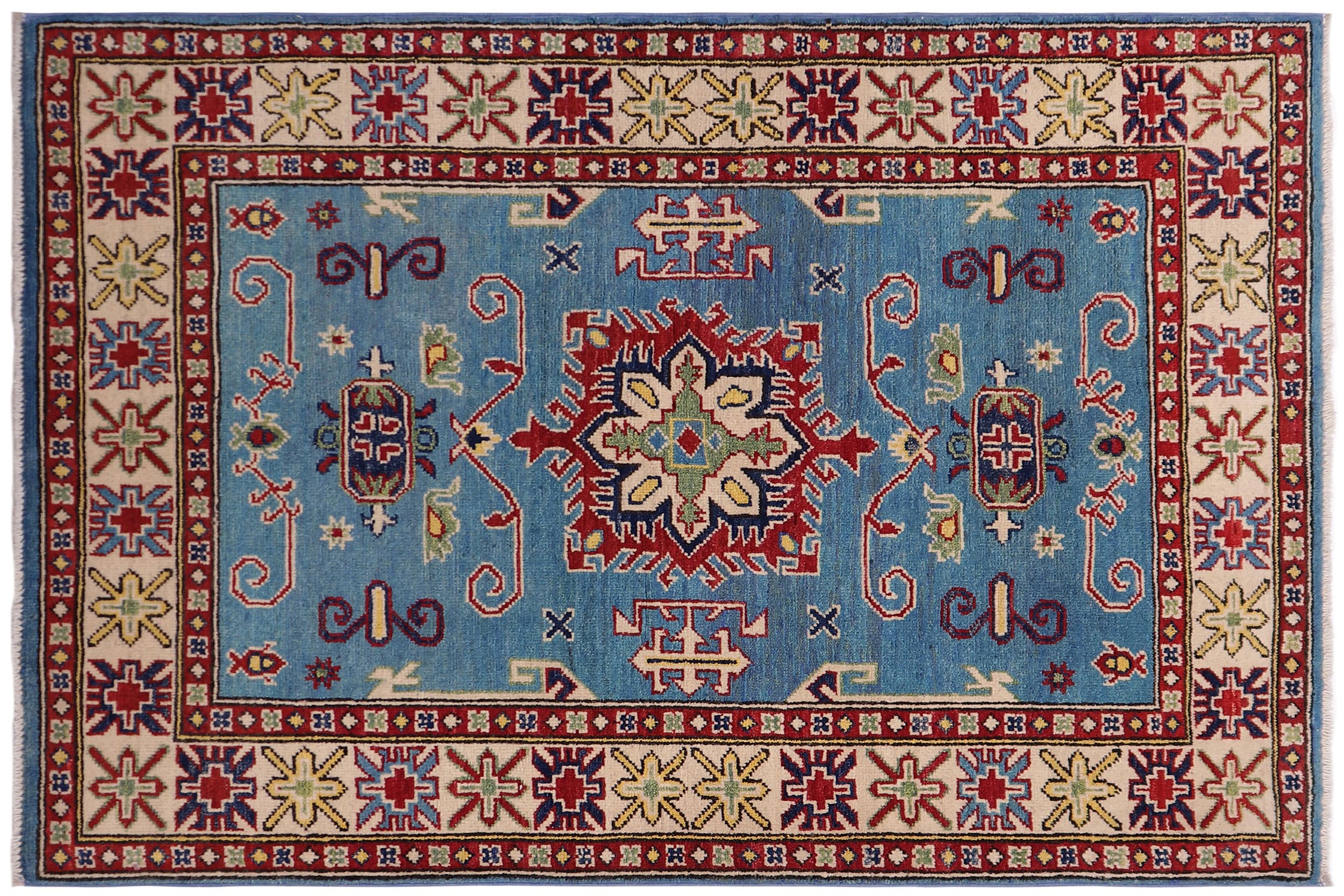 handmade Geometric Kazak Lt. Blue Beige Hand-made RECTANGLE 100% WOOL area rug 3'X5'