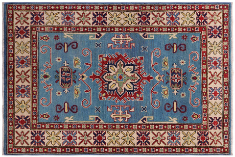 handmade Geometric Kazak Lt. Blue Beige Hand-made RECTANGLE 100% WOOL area rug 3'X5'
