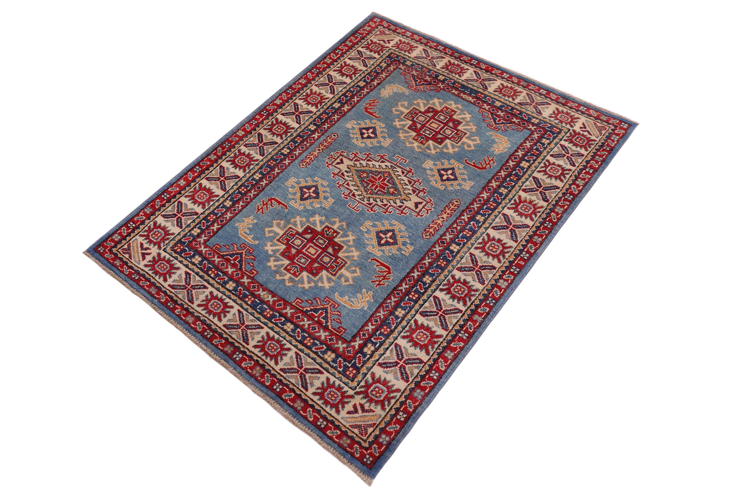 handmade Geometric Kazak Lt. Blue Beige Hand-made RECTANGLE 100% WOOL area rug 3'X5'