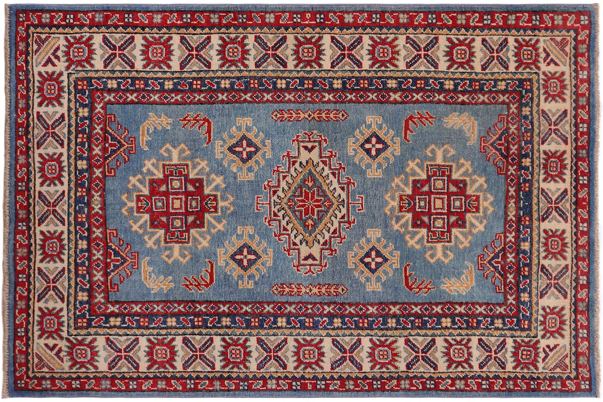 handmade Geometric Kazak Lt. Blue Beige Hand-made RECTANGLE 100% WOOL area rug 3'X5'