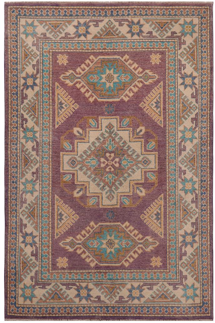 handmade Geometric Kazak Light Purpl Beige Hand-made RECTANGLE 100% WOOL area rug 3'X5'