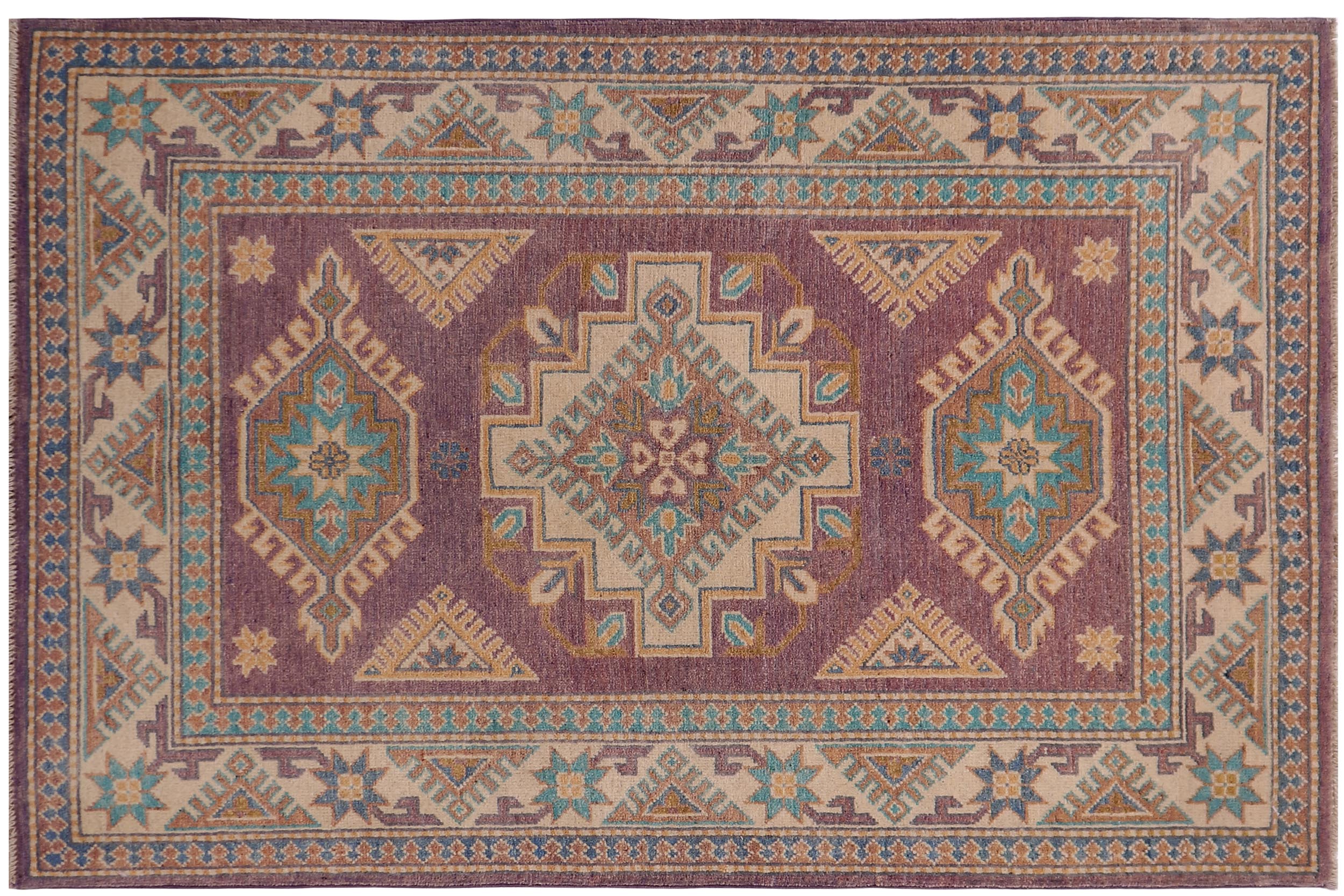 handmade Geometric Kazak Light Purpl Beige Hand-made RECTANGLE 100% WOOL area rug 3'X5'