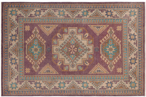 handmade Geometric Kazak Light Purpl Beige Hand-made RECTANGLE 100% WOOL area rug 3'X5'