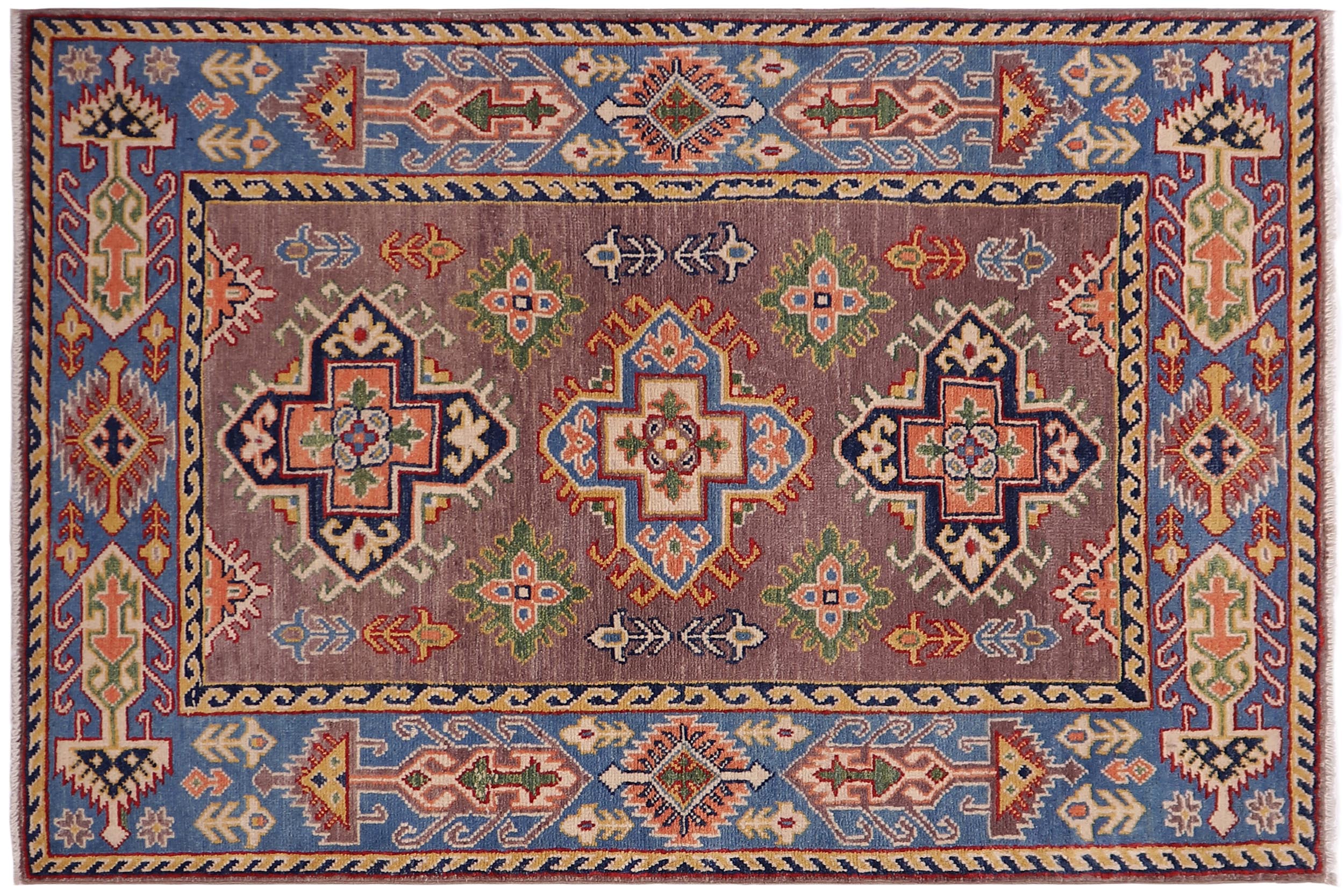 handmade Geometric Kazak Gray Lt. Blue Hand-made RECTANGLE 100% WOOL area rug 3'X5'