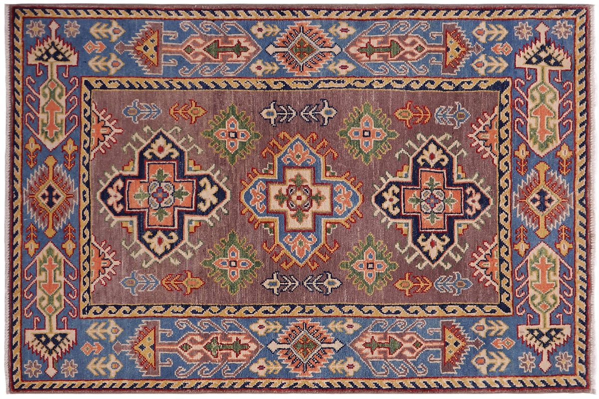 handmade Geometric Kazak Gray Lt. Blue Hand-made RECTANGLE 100% WOOL area rug 3'X5'