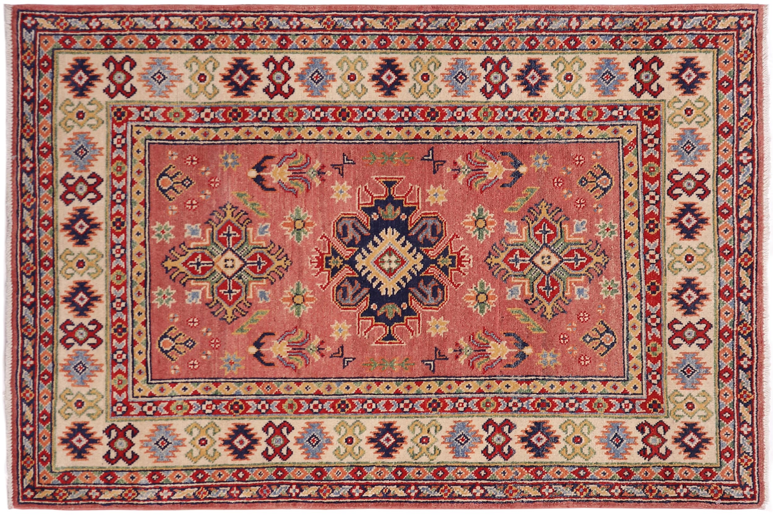 handmade Geometric Kazak Pink Beige Hand-made RECTANGLE 100% WOOL area rug 3'X5'