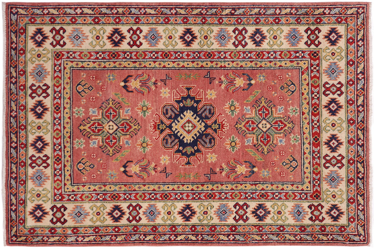 handmade Geometric Kazak Pink Beige Hand-made RECTANGLE 100% WOOL area rug 3'X5'