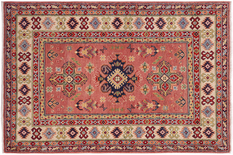 handmade Geometric Kazak Pink Beige Hand-made RECTANGLE 100% WOOL area rug 3'X5'