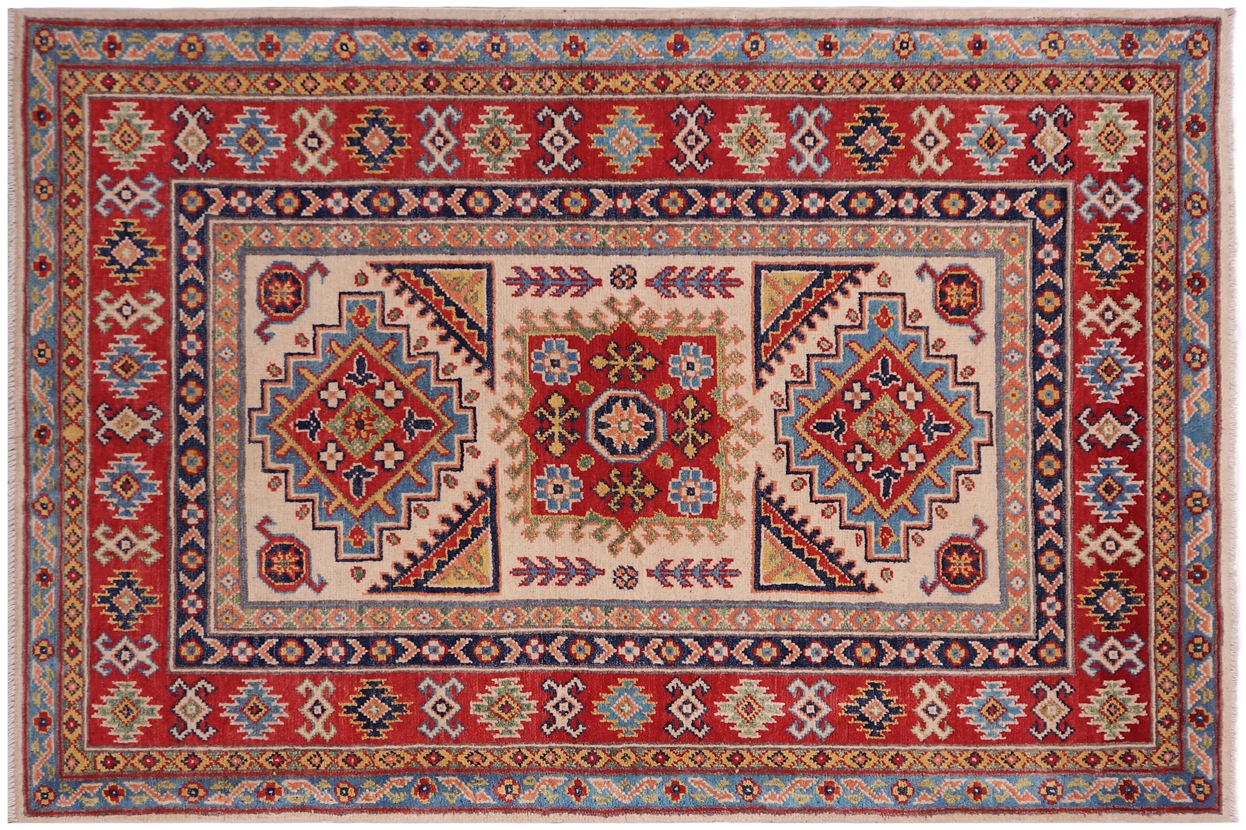 handmade Geometric Kazak Beige Red Hand-made RECTANGLE 100% WOOL area rug 3'X5'