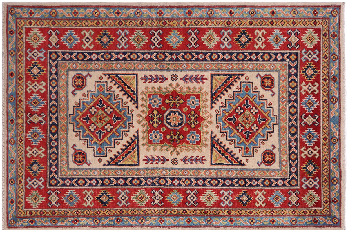 handmade Geometric Kazak Beige Red Hand-made RECTANGLE 100% WOOL area rug 3'X5'