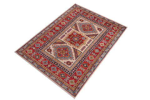 handmade Geometric Kazak Beige Red Hand-made RECTANGLE 100% WOOL area rug 3'X5'