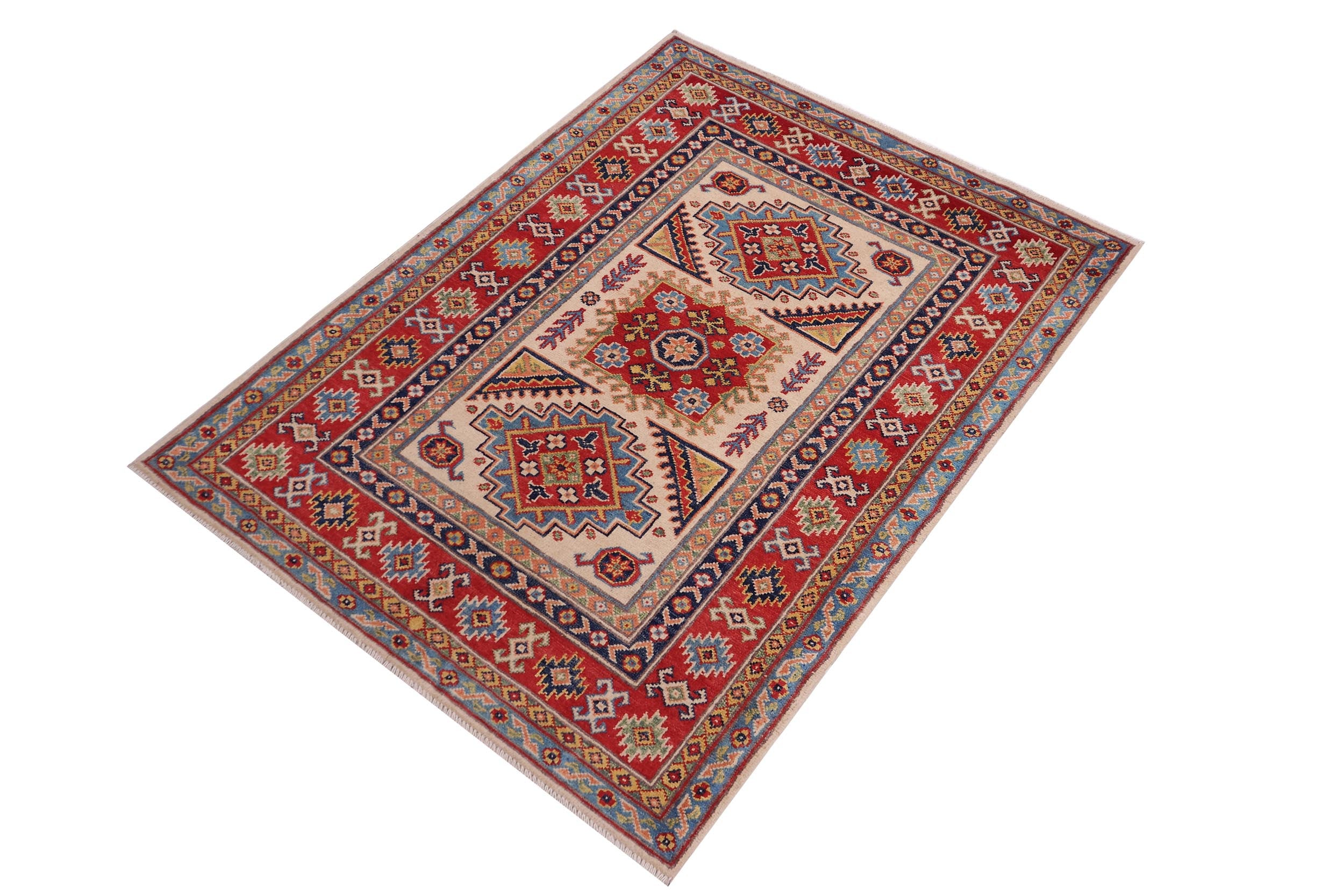 handmade Geometric Kazak Beige Red Hand-made RECTANGLE 100% WOOL area rug 3'X5'