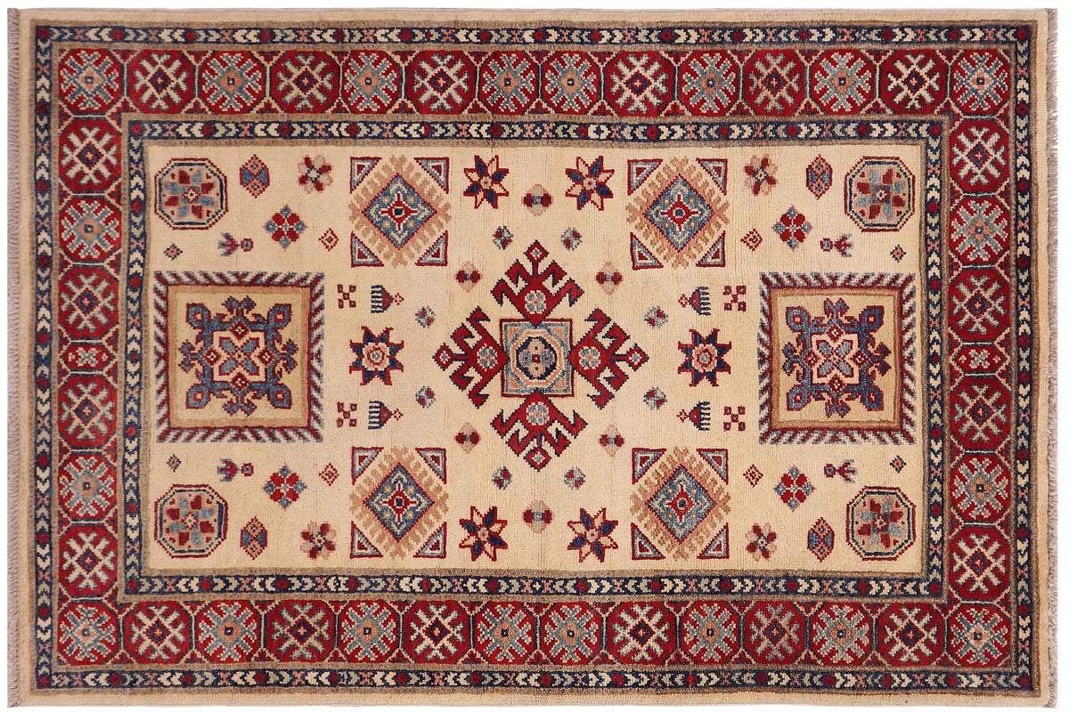 handmade Geometric Kazak Gold Red Hand-made RECTANGLE 100% WOOL area rug 3'X5'