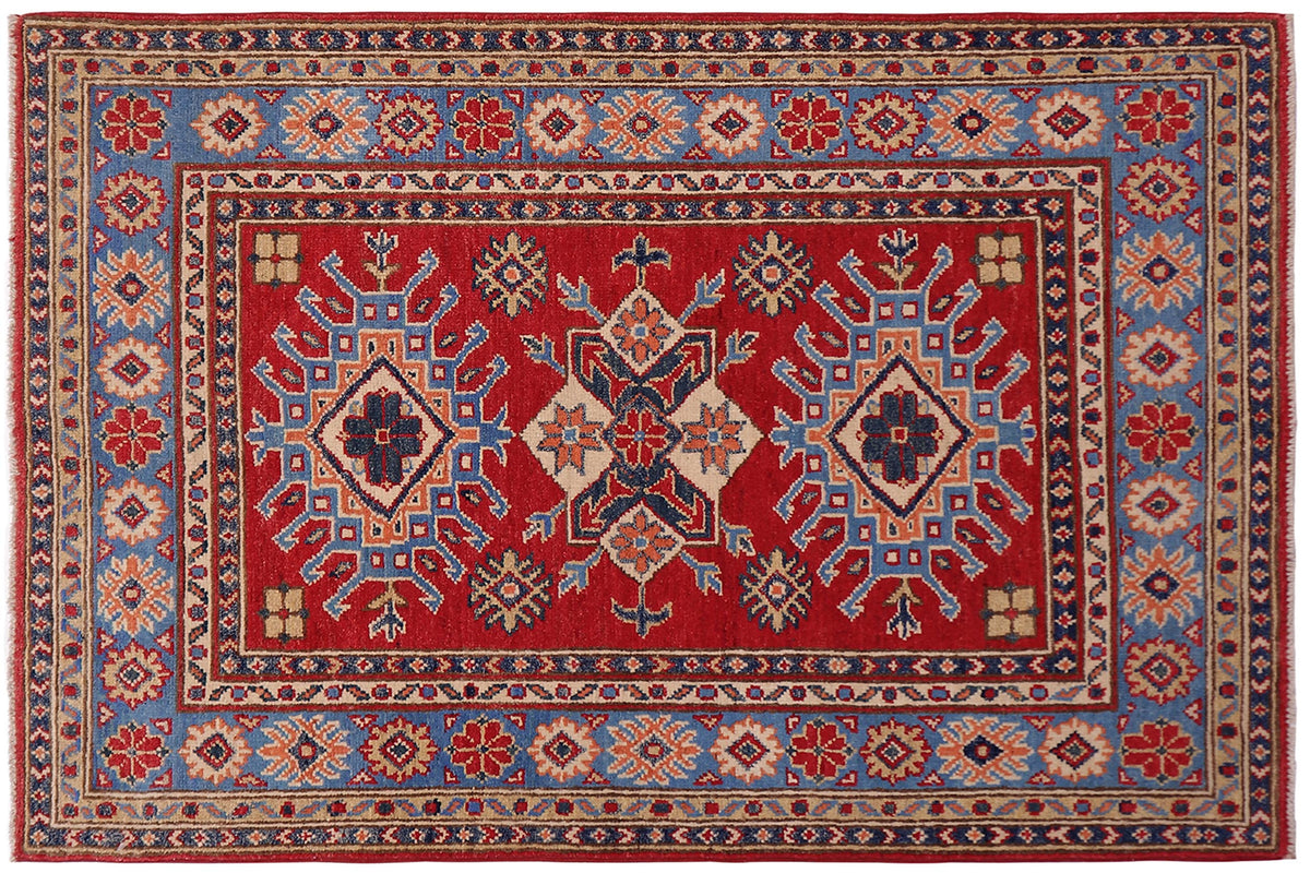 handmade Geometric Kazak Red Lt. Blue Hand-made RECTANGLE 100% WOOL area rug 3'X5'