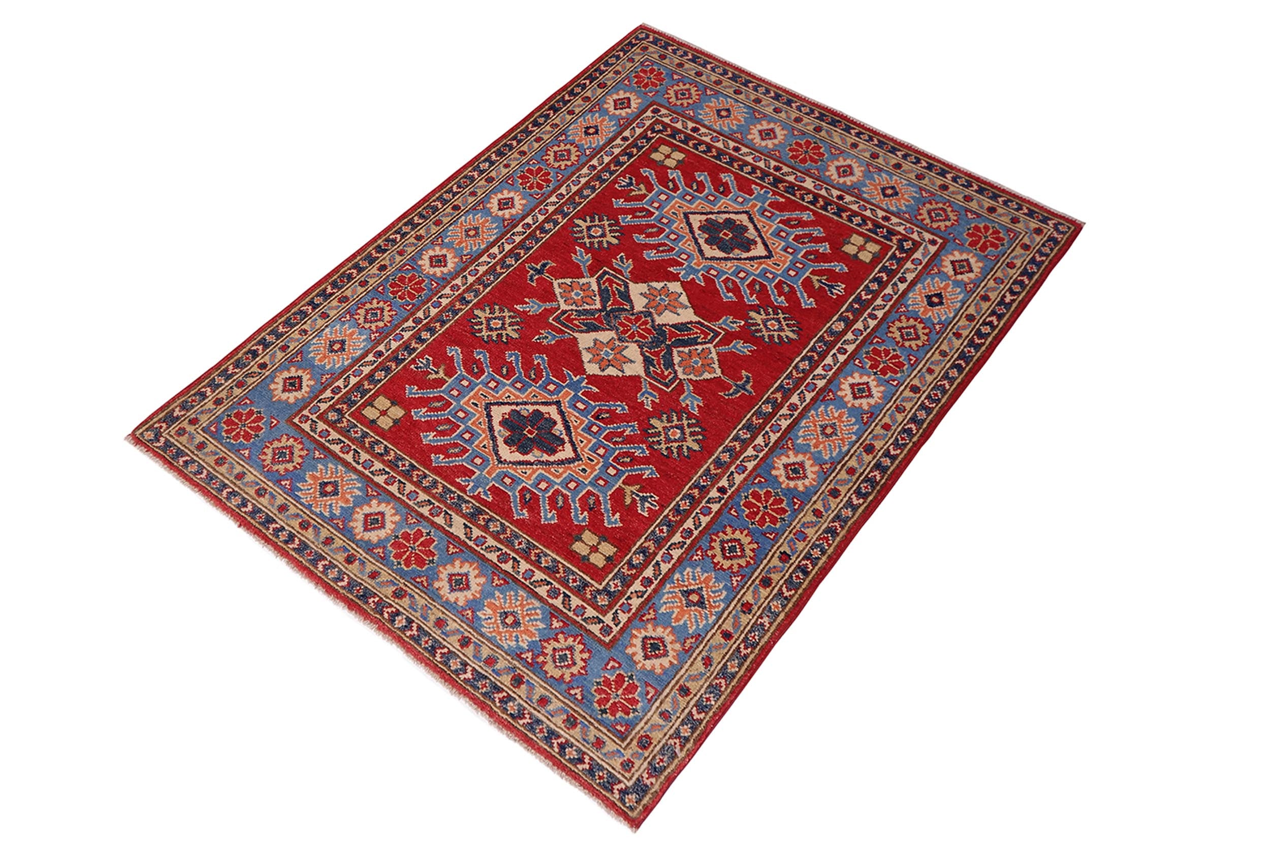 handmade Geometric Kazak Red Lt. Blue Hand-made RECTANGLE 100% WOOL area rug 3'X5'