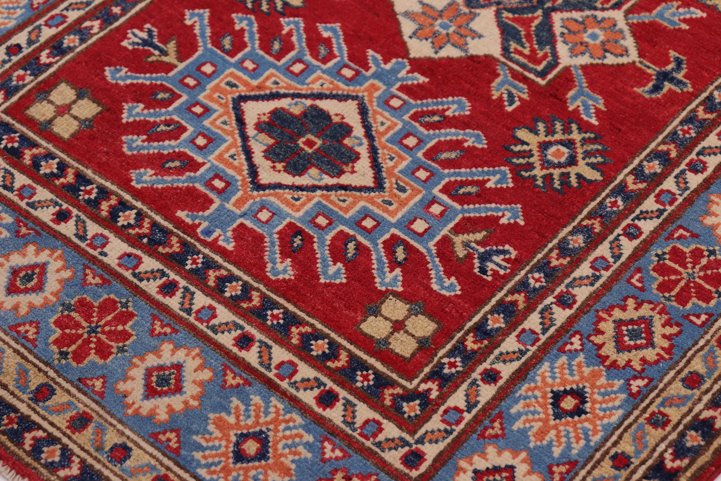 handmade Geometric Kazak Red Lt. Blue Hand-made RECTANGLE 100% WOOL area rug 3'X5'