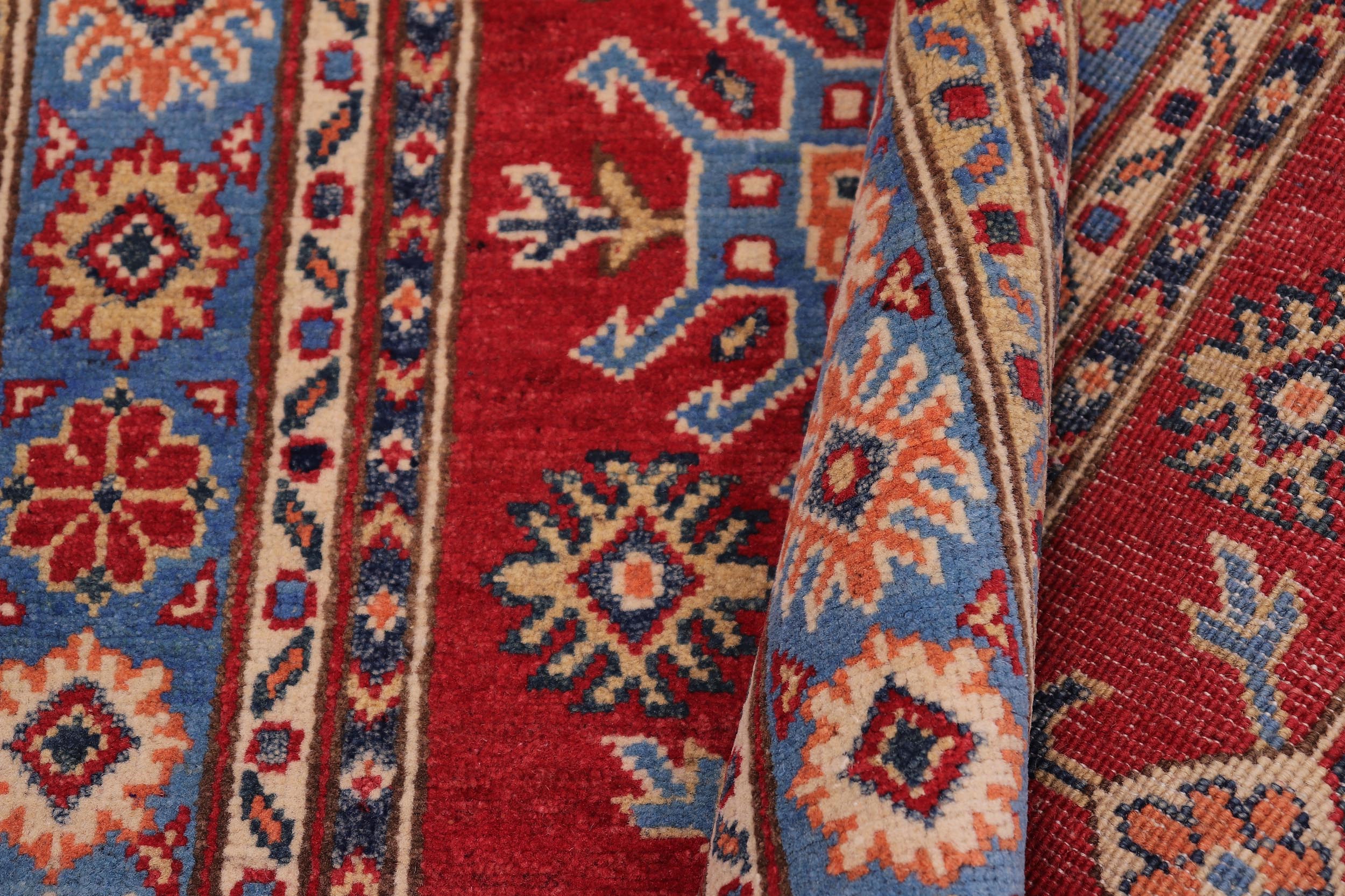 handmade Geometric Kazak Red Lt. Blue Hand-made RECTANGLE 100% WOOL area rug 3'X5'