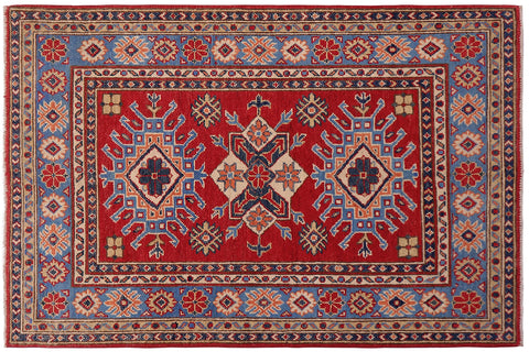 handmade Geometric Kazak Red Lt. Blue Hand-made RECTANGLE 100% WOOL area rug 3'X5'