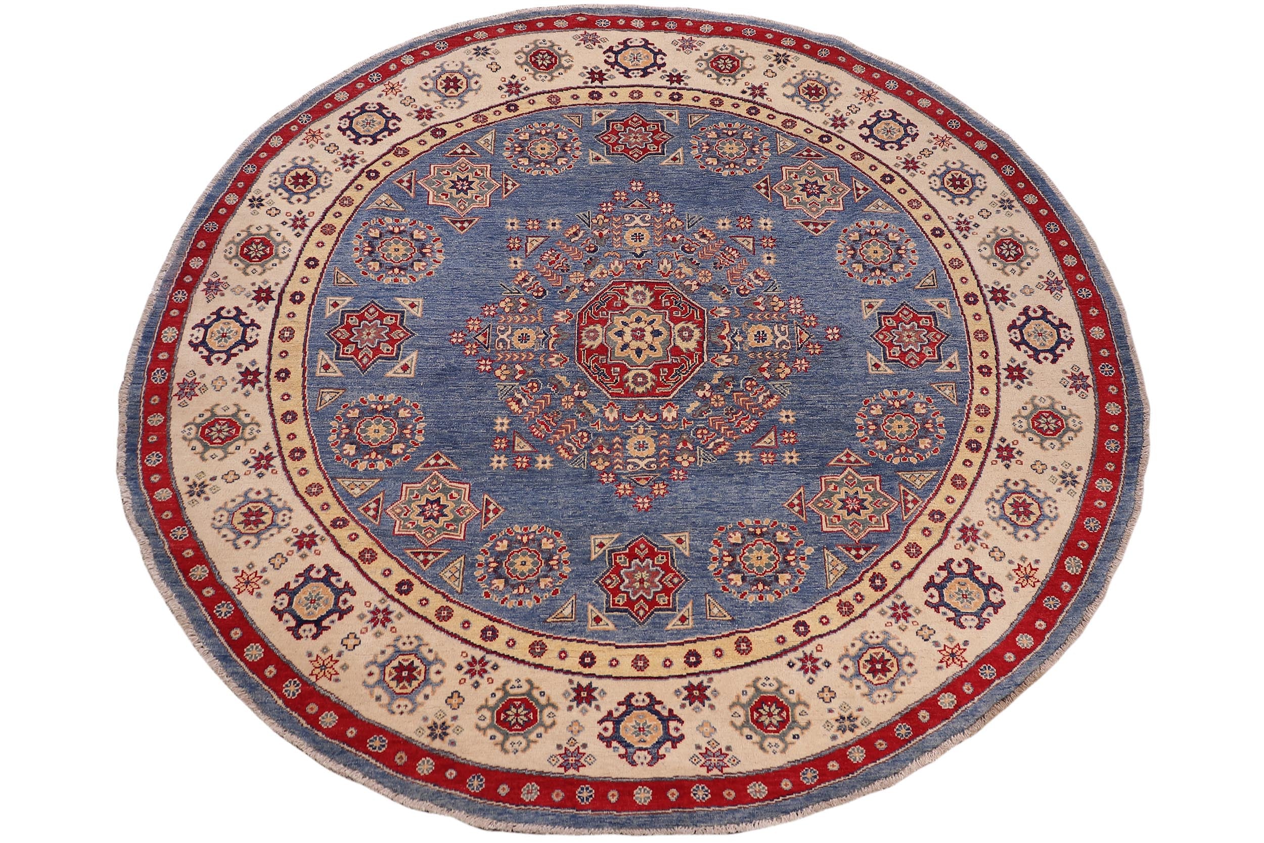 handmade Geometric Kazak Lt. Blue Beige Hand-made ROUND 100% WOOL area rug 8x8