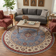 Bohemian Kazak Mya Light Blue/Beige Wool Round - 8'0''X8'0''