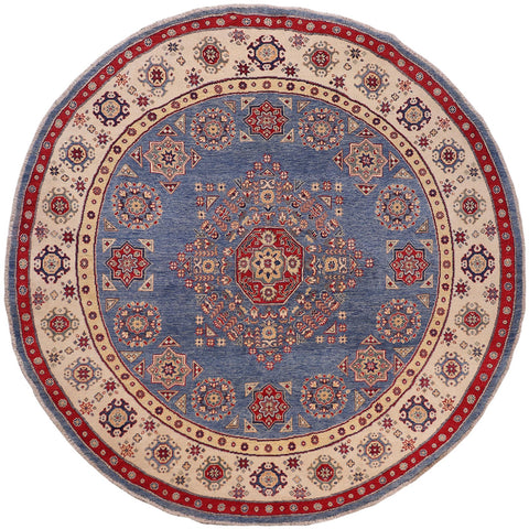 handmade Geometric Kazak Lt. Blue Beige Hand-made ROUND 100% WOOL area rug 8x8