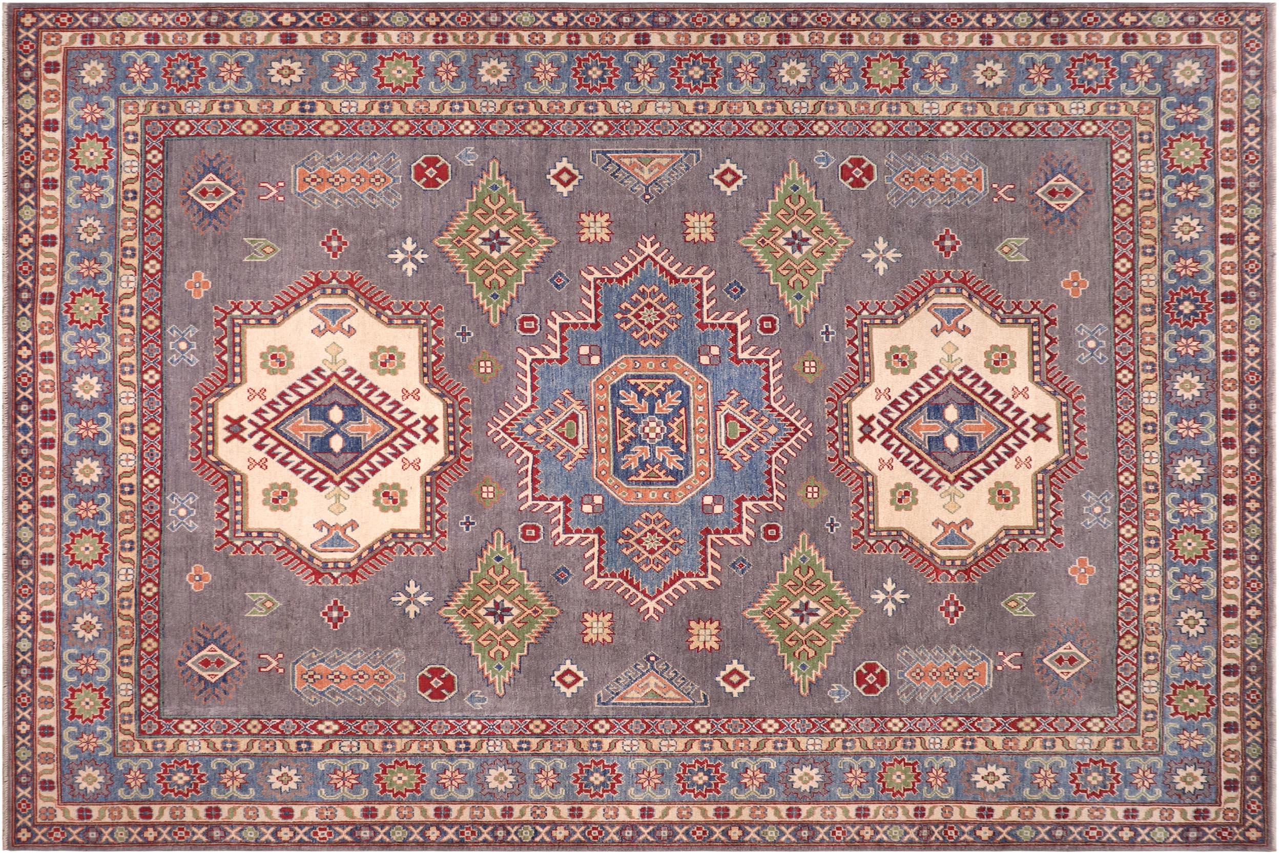 handmade Geometric Kazak Gray Blue Hand-made RECTANGLE 100% WOOL area rug 8'X10'