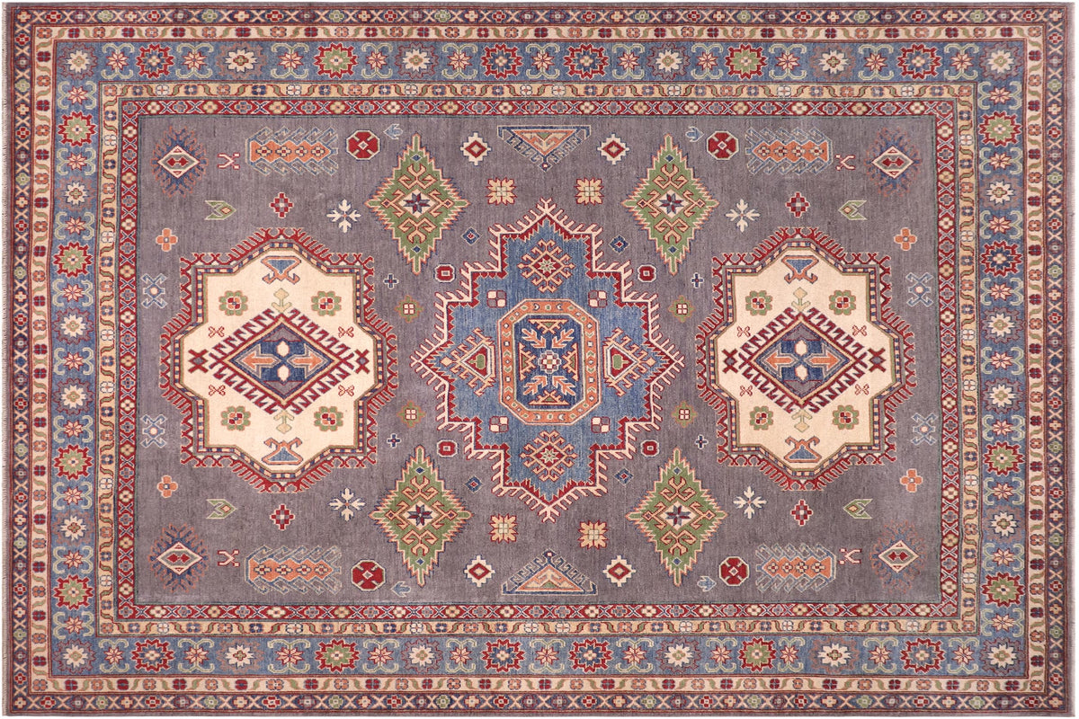handmade Geometric Kazak Gray Blue Hand-made RECTANGLE 100% WOOL area rug 8'X10'