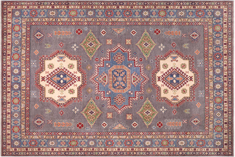 handmade Geometric Kazak Gray Blue Hand-made RECTANGLE 100% WOOL area rug 8'X10'